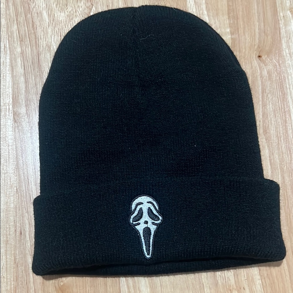 Black Beanie with Embroidered Mask Design